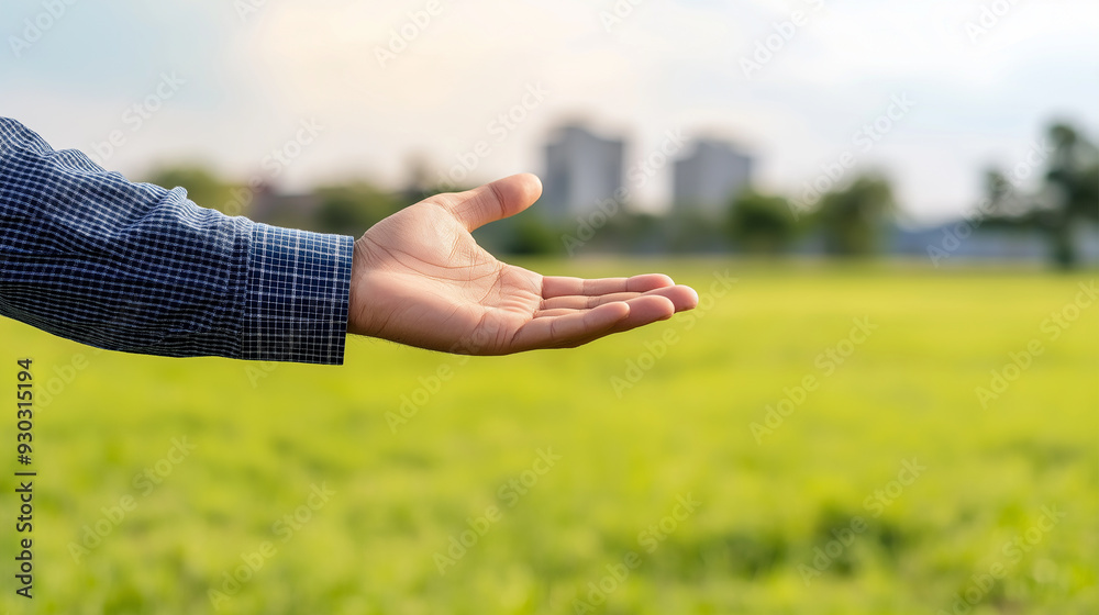 Concept of buying or building new home. Male hand showing, offering a new dream house at the empty field with copy space Concept of buying or building new home. Male hand showing, offering a new dream house at the empty field with copy space