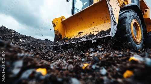 A close-up shot of a yellow bulldozer moving through heaps of dark soil and debris, representing construction, land clearing, and industrial labor amidst cloudy skies.