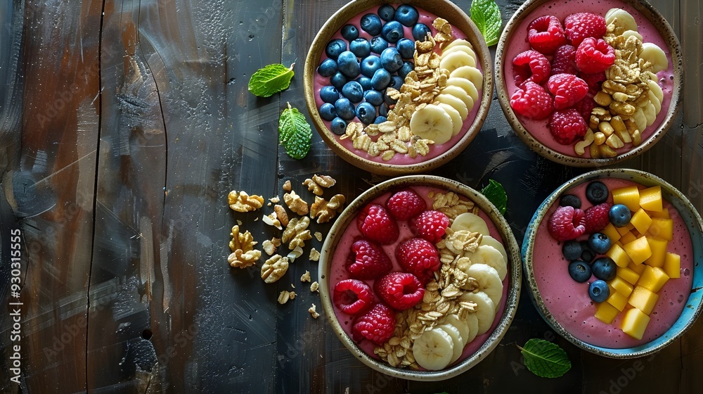 Fresh Vibrant Smoothie Bowls Topped with Fruits and Nuts on Rustic Wooden Table Healthy Food Concept Fresh Vibrant Smoothie Bowls Topped with Fruits and Nuts on Rustic Wooden Table Healthy Food Concept