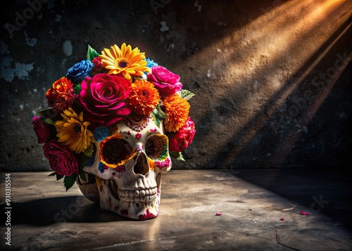 Vibrant traditional flowers adorn a paper human skull on a dark concrete background, illuminated by modern hard light, casting dramatic shadows, symbolizing festive Mexican heritage.