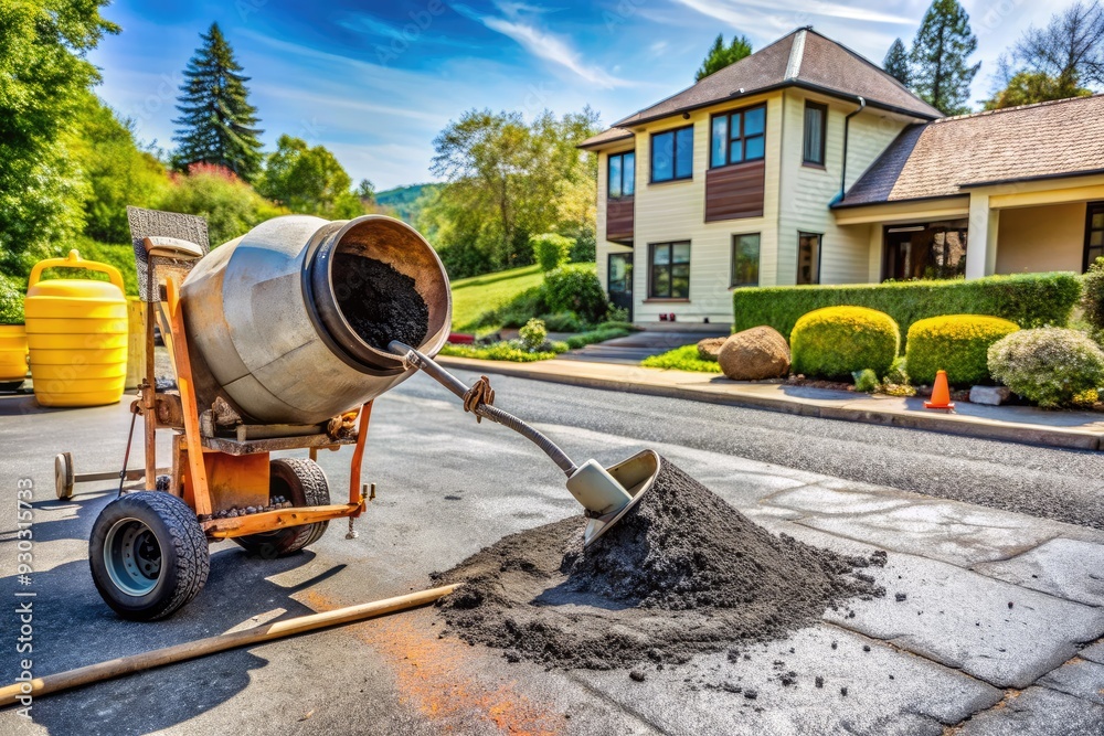 Cement mixer and tools scattered along a residential driveway, freshly poured asphalt being smoothed out, repairing cracks and potholes from wear and tear.