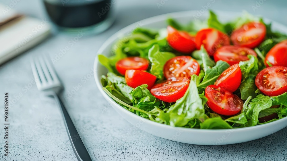 Fresh salad featuring vibrant tomatoes on a bed of crisp greens, ideal for healthy eating and meal preparation. Fresh salad featuring vibrant tomatoes on a bed of crisp greens, ideal for healthy eating and meal preparation.