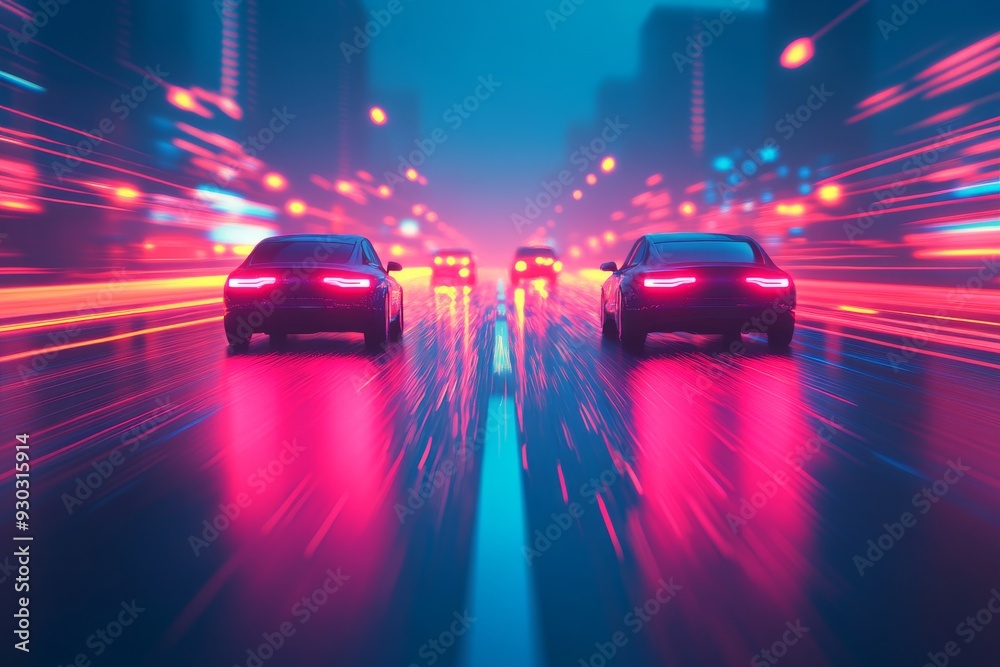High speed vehicles on a vibrant illuminated highway at night showcasing rapid transportation in a technologically advanced city