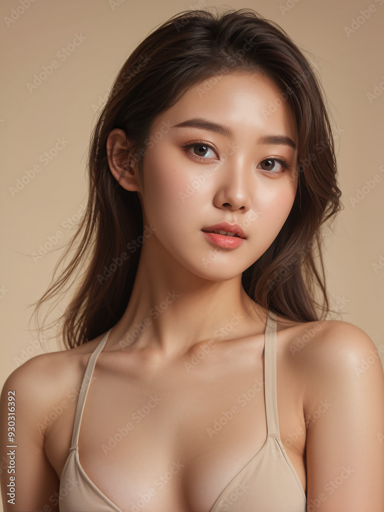 Korean girl with perfect body and flat belly on beige studio background, healthy body woman in bikini Korean girl with perfect body and flat belly on beige studio background, healthy body woman in bikini
