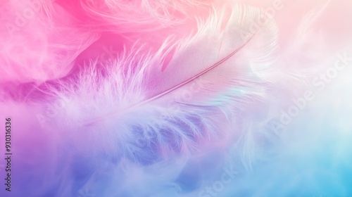 Abstract feather rainbow patchwork background. Closeup image of white fluffy feather under colorful pastel neon foggy mist. Fashion Color Trends Spring Summer 2019 - soft focus , ai