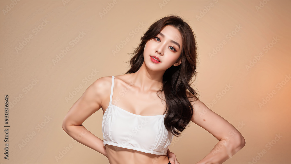 Korean girl with perfect body and flat belly on beige studio background, healthy body woman in bikini