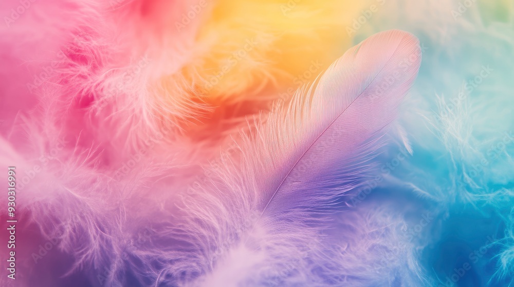 Obraz premium Abstract feather rainbow patchwork background. Closeup image of white fluffy feather under colorful pastel neon foggy mist. Fashion Color Trends Spring Summer 2019 - soft focus , ai