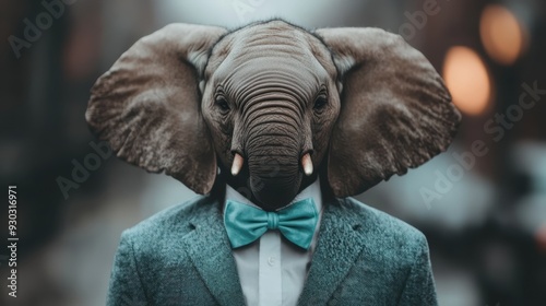 A surreal and imaginative artwork showing a human figure with an elephant head dressed in a suit and blue bow tie, emphasizing a blend of human and animal traits.