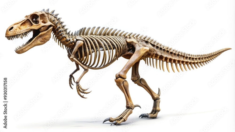 A meticulously preserved Acrocanthosaurus skeleton, a carnivorous dinosaur that roamed North America during the Early Cretaceous period, stands out against a pristine white background. A meticulously preserved Acrocanthosaurus skeleton, a carnivorous dinosaur that roamed North America during the Early Cretaceous period, stands out against a pristine white background.