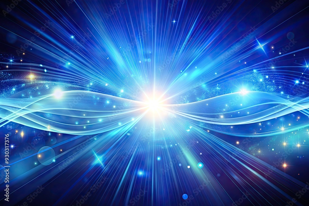 Obraz premium Vibrant blue gradient abstract texture background shimmering with glowing light rays and futuristic lines, evoking a sense of dynamic energy and cosmological depth.