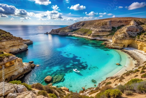 Sun-kissed serenity unfolds in a secluded Lampedusa Island cove, where turquoise Mediterranean waters lap against powdery white sand, surrounded by rugged limestone cliffs.