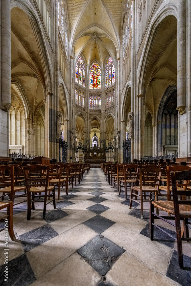ROUEN, NORMANDY, FRANCE - 2024: Saint-Ouen Abbey, interior architectural details, nave and altar ROUEN, NORMANDY, FRANCE - 2024: Saint-Ouen Abbey, interior architectural details, nave and altar