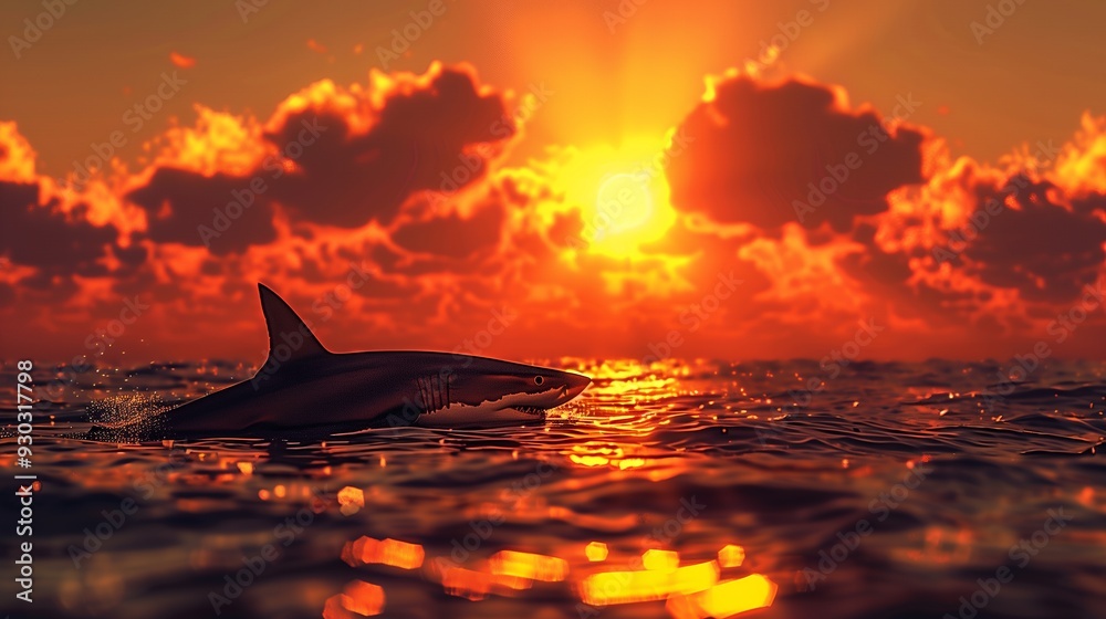 Fototapeta premium A shark swimming in the ocean during a vibrant sunset.