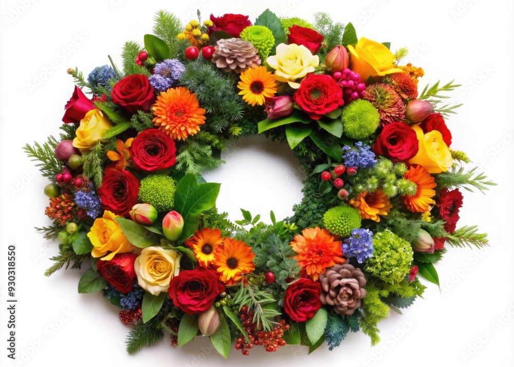 Fototapeta premium Vibrant seasonal flowers and lush greenery combine in a stunning wreath and bouquet arrangement, perfect for decorating homes and celebrating festive occasions.