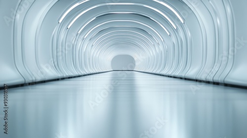 Image of a bright, white and sleek tunnel with arched lines, presenting a clean, minimalistic, and futuristic design, conveying modern advancement.