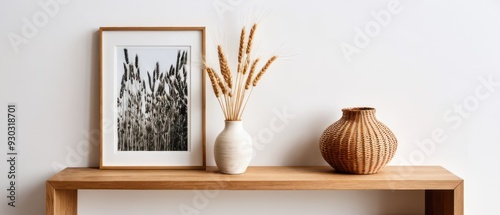 A modern minimalist interior features dried flowers in elegant wicker and ceramic vases, complemented by framed botanical art. Perfect for home decor inspiration and design ideas.