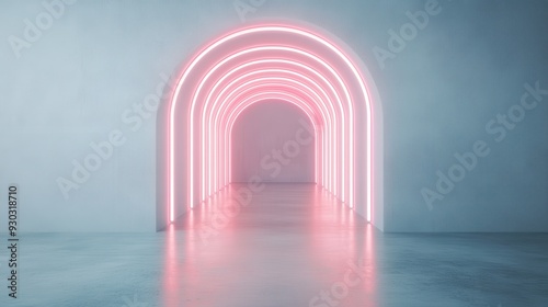 A minimalist hallway illuminated by vibrant pink neon lights forming archways, creating a futuristic and surreal ambiance in a clean, modern space. photo