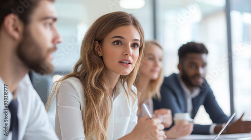 Female entrepreneur explaining to multi-ethnic coworkers in office