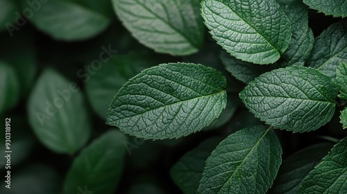 A detailed close-up photograph of vibrant green leaves, showcasing the intricate veined texture and lush appearance, creating a sense of freshness and natural beauty.