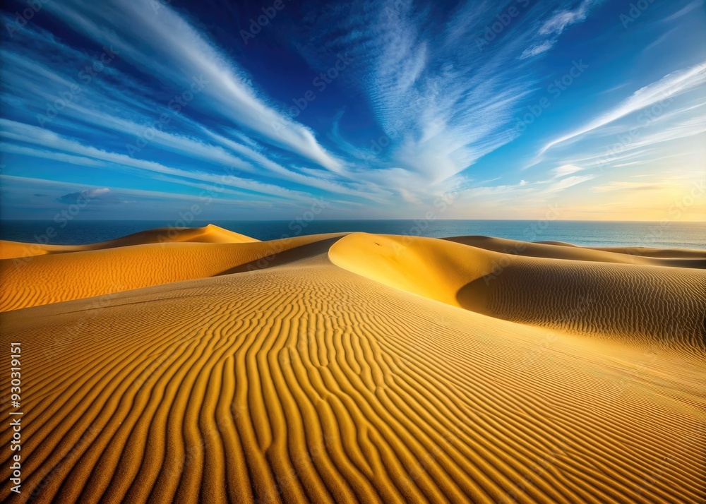 Naklejka premium Soft, undulating waves of golden sand stretch towards the horizon, forming natural dunes against a serene blue sky, with ample copy space available.