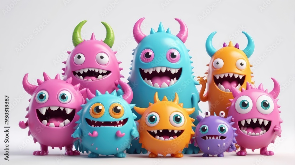 Cute and scary 3D kawaii monsters for Halloween, featuring colorful characters with funny eyes, teeth, and tongues on a white background Cute and scary 3D kawaii monsters for Halloween, featuring colorful characters with funny eyes, teeth, and tongues on a white background