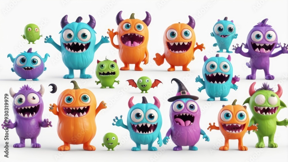 Naklejka premium Funny 3D Halloween monster set with colorful kawaii characters, including big eyes, fangs, and raised hands on a white background