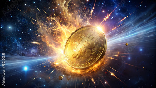 Money evolution. A cryptocurrency golden coin explodes in the dark galaxy, blurred background.