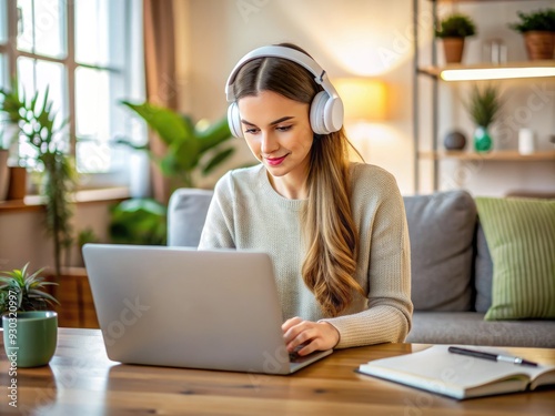 Focused young woman with headphones engaged in online learning, watching video lecture on laptop computer in a cozy home study environment with minimal distractions. photo