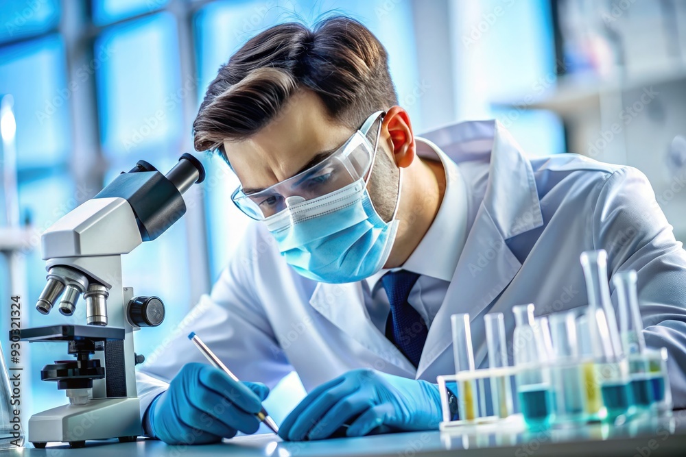 A concentrated medical researcher, wearing a face mask, meticulously operates lab equipment, intensely seeking a vaccine solution amidst the global health crisis. A concentrated medical researcher, wearing a face mask, meticulously operates lab equipment, intensely seeking a vaccine solution amidst the global health crisis.