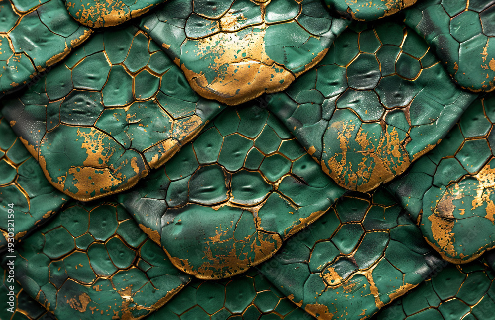 Fototapeta premium Green and gold snake skin texture background with copy space,