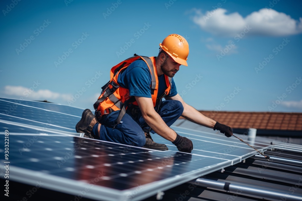 Technician installing solar panel system on the rooftop. Concept of Solar energy power generation and green energy. AI generated Technician installing solar panel system on the rooftop. Concept of Solar energy power generation and green energy. AI generated