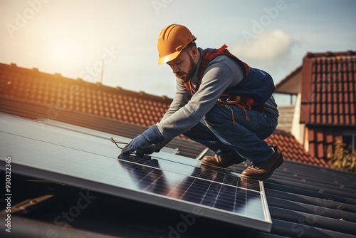Technician installing solar panel system on the rooftop. Concept of Solar energy power generation and green energy. AI generated