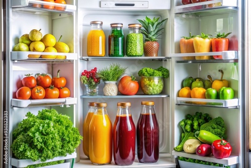 Wallpaper Mural Colorful array of fresh produce, juices, and condiments neatly organized on a shelf of a clean and modern refrigerator in a cozy home environment. Torontodigital.ca