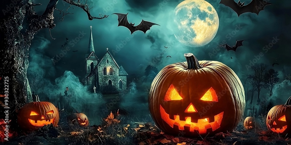 Pumpkin zombie Rising Out Of A Graveyard cemetery and church In Spooky scary dark Night full moon bats on tree. Generative AI Pumpkin zombie Rising Out Of A Graveyard cemetery and church In Spooky scary dark Night full moon bats on tree. Generative AI