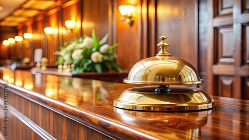 Elegant hotel reception desk features a beautifully crafted antique brass service bell, waiting to be rung by a guest's hand, signifying exceptional luxury hospitality. photo