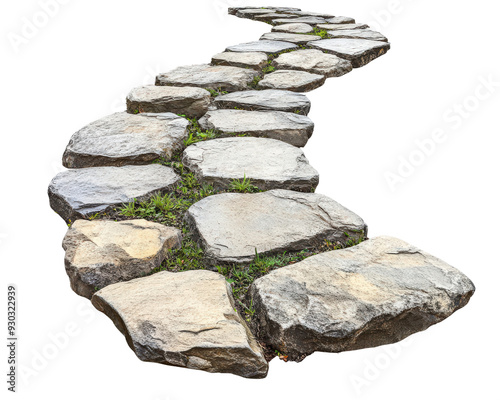 A stone path with moss growing on it. The path is long and winding, leading to a destination. The moss adds a natural and serene touch to the scene, creating a peaceful atmosphere
