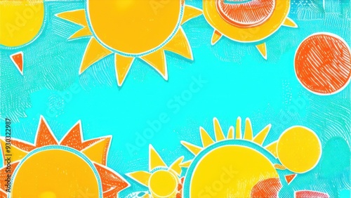 Groovy, hippie, retro sunny background. Abstract hand drawn doodle sunshine shapes in trendy childishly, naive art style.