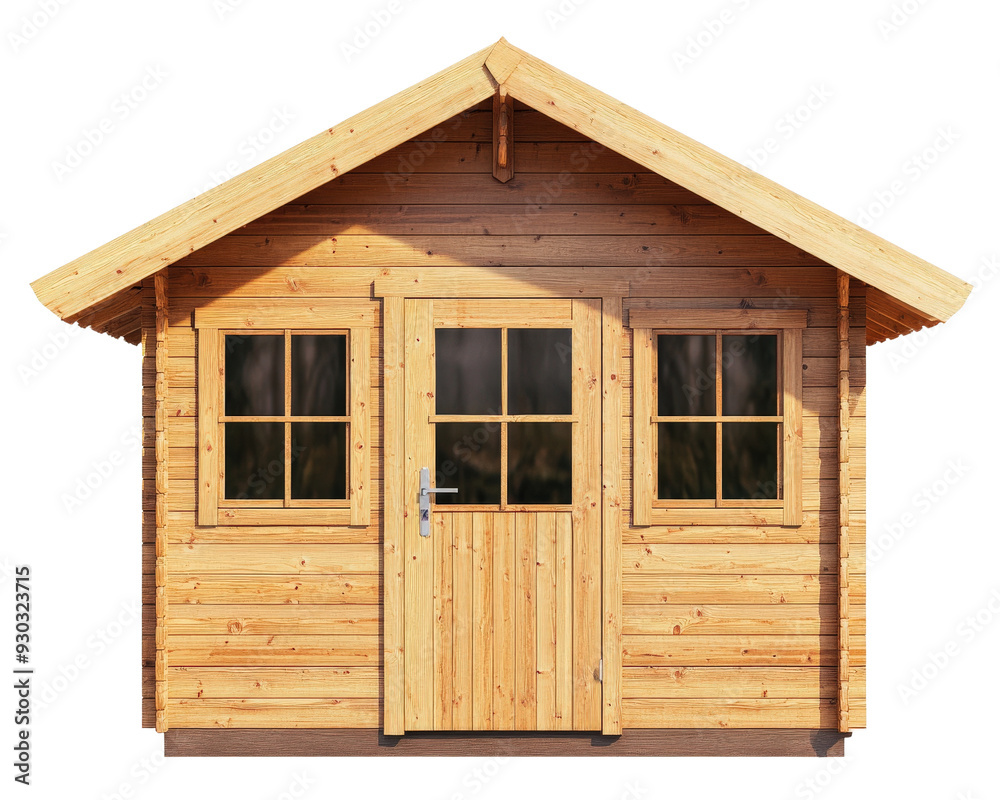 A small wooden cabin with a slanted roof and a door A small wooden cabin with a slanted roof and a door