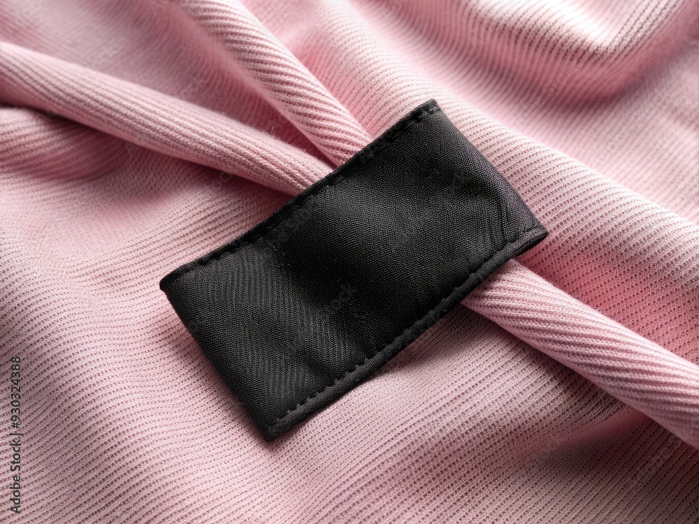 Close-up of a blank black care label on a soft pink fabric texture background, awaiting custom laundry instructions or product branding information.