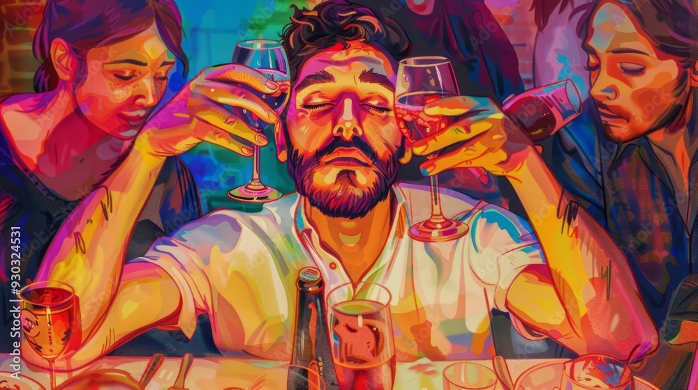 Fototapeta premium Young armenian funny man with beard and open eyes standing at table making toast with cup of wine