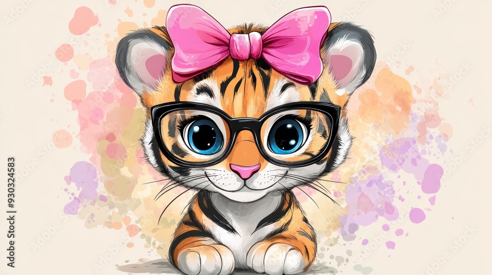 Cute Cartoon Tiger Cub Wearing Glasses and a Bow Cute Cartoon Tiger Cub Wearing Glasses and a Bow