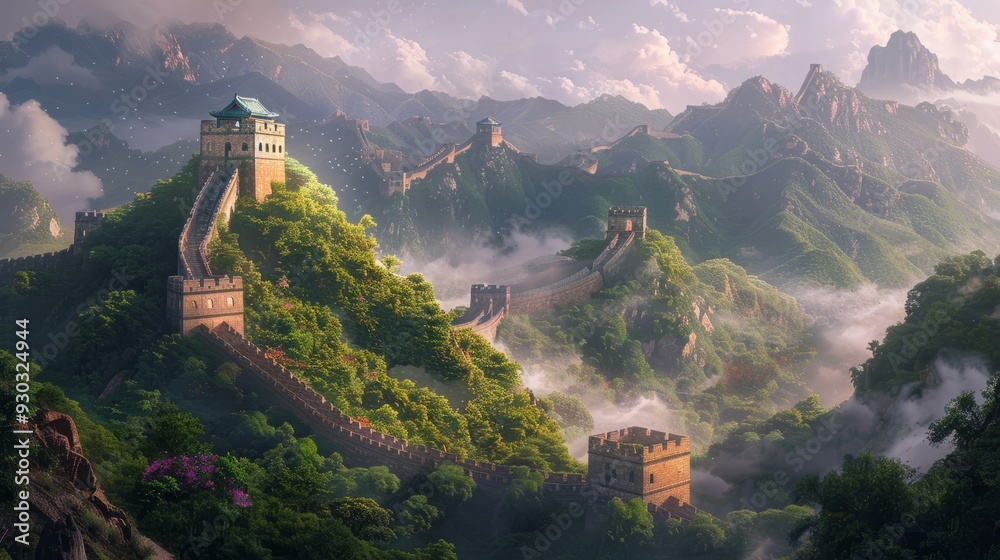 Fototapeta premium Ancient wall stands majestically among lush mountains and mist during early morning light