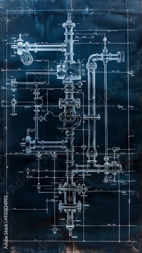Building pipe and valve tube system architectural blueprint, industrial engineering construction design, factory pipeline technology equipment, gas or oil pump safety structure