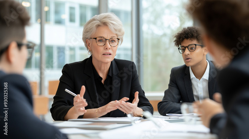 Mature businesswoman meeting and in discussion with group of young business people