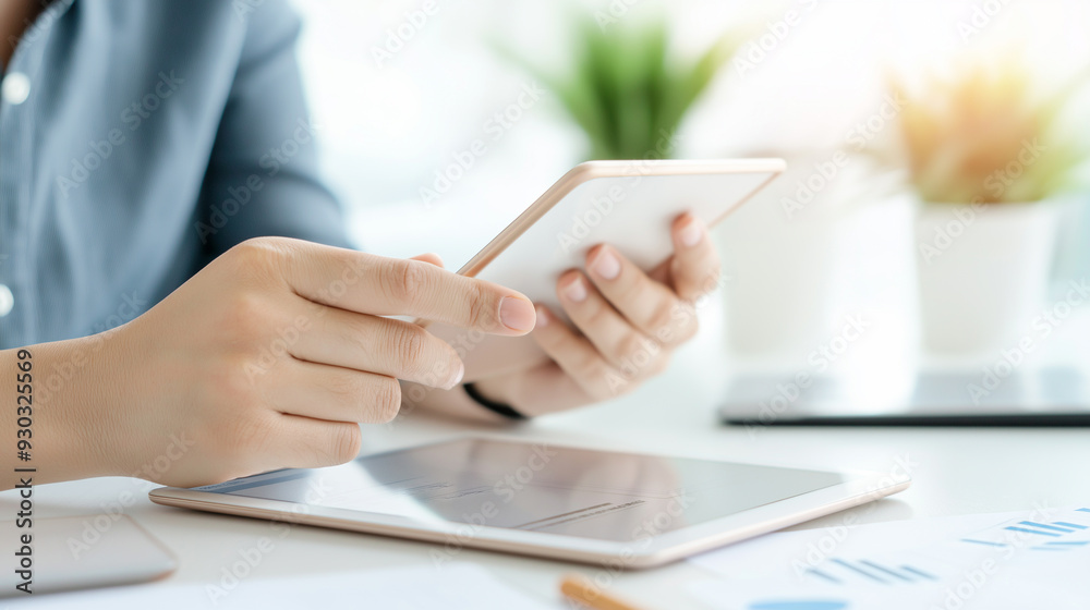 Meeting, hands or businesswoman with tablet or research for blog, discussion or networking in office. Talking, technology or social media manager speaking of planning for online update in closeup