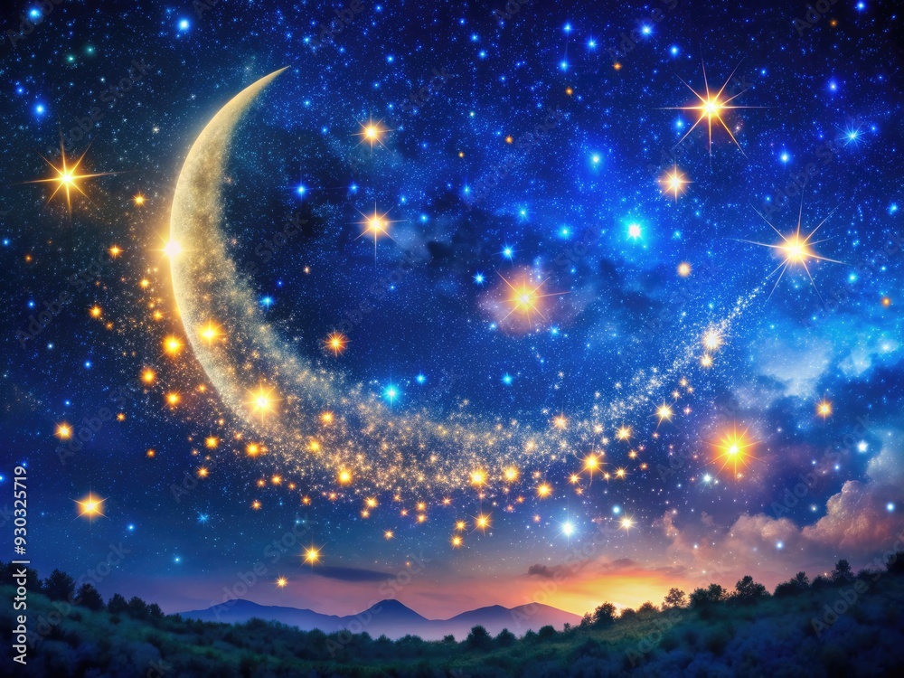 Naklejka premium Vibrant starry night sky with millions of twinkling lights scattered across the dark blue heavens, illuminated by a soft, crescent moon's gentle glow.