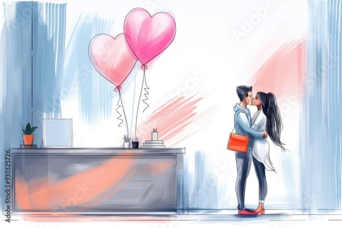 Romantic Couple Embracing in Office with Heart Balloons Illustration
