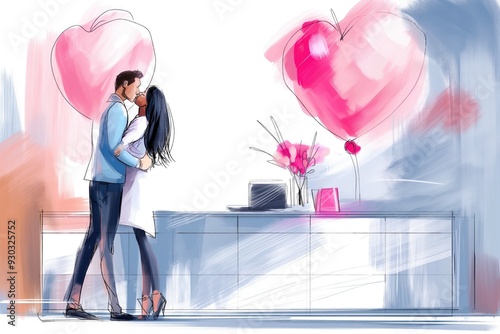 Romantic Couple Sharing a Kiss with Heart Balloons Background