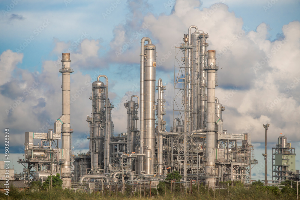 Fototapeta premium Industrial chimneys or smokestacks, likely part of a power plant or industrial facility is industrial atmosphere with a focus on the infrastructure.