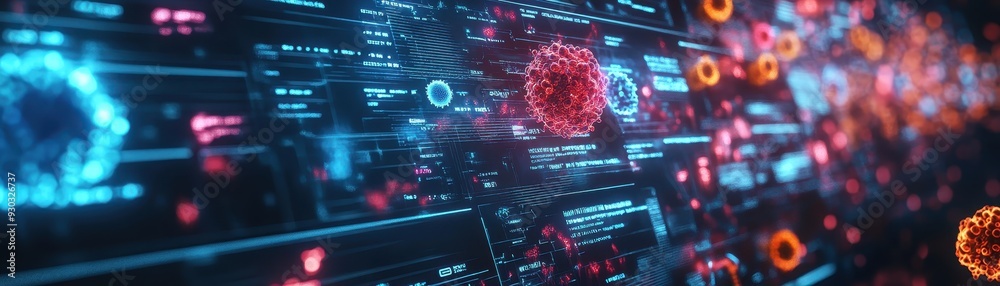 Fototapeta premium Futuristic Digital Interface with Virus Cells and Data Streams Representing Cybersecurity and Medical Research